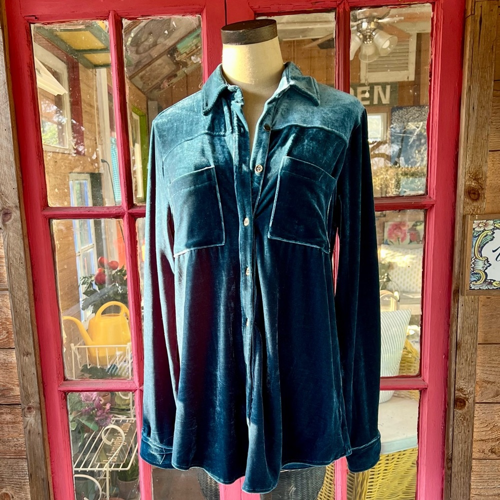 Umgee Teal Velvet Button Front Shirt